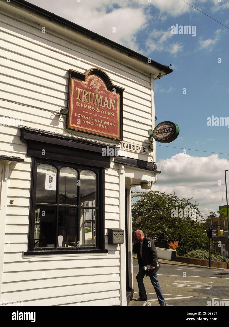 Truman Beers and Ales sign outside the Railway Bell, a Caffrey's pub in Gravesend, Kent, England, U.K. Stock Photo