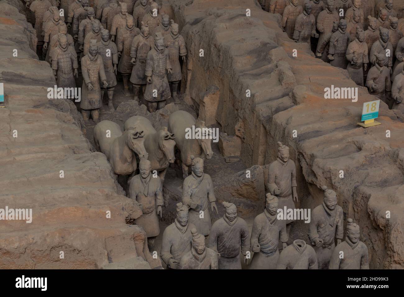 XI'AN, CHINA - AUGUST 6, 2018: Soldiers with horses in the Pit 1 of the Army of Terracotta Warriors near Xi'an, Shaanxi province, China Stock Photo