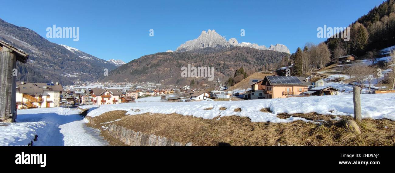Panoramic view on Valle di Primiero during winter landscape and sunny day Stock Photo