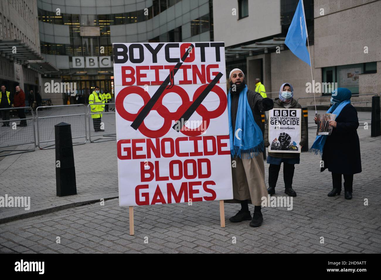 Supporters of Tibet, Hongkong, Uyghurs and Anti-CCP activists gathered opposite BBC Broadcasting House in London to call out BBC to boycott Beijing 2022 Olympic Games. Stock Photo