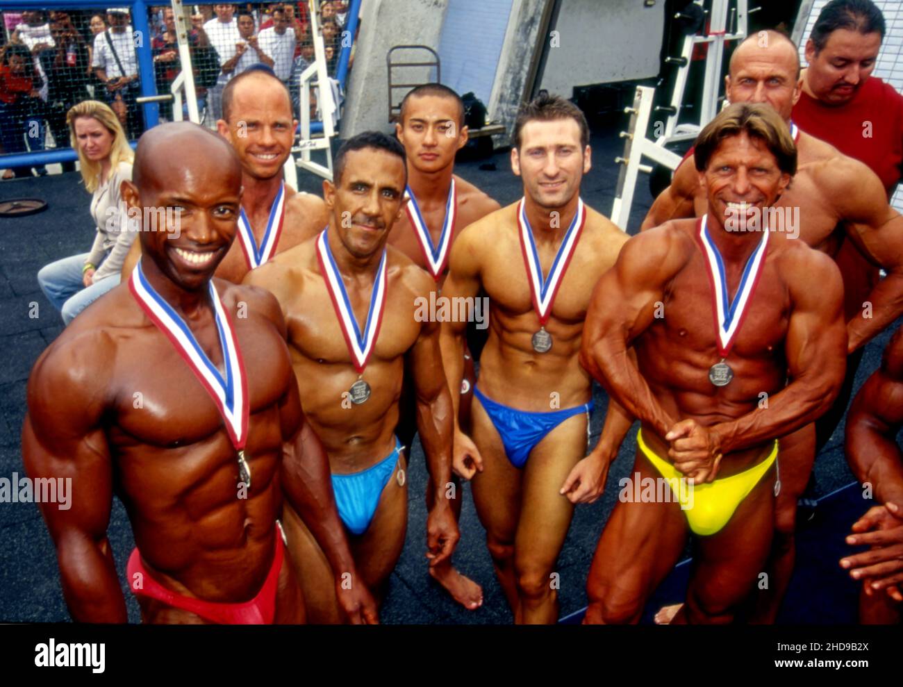 Competitors in bodybuilding competition at Muscle Beach in Venice Beach, CA Stock Photo