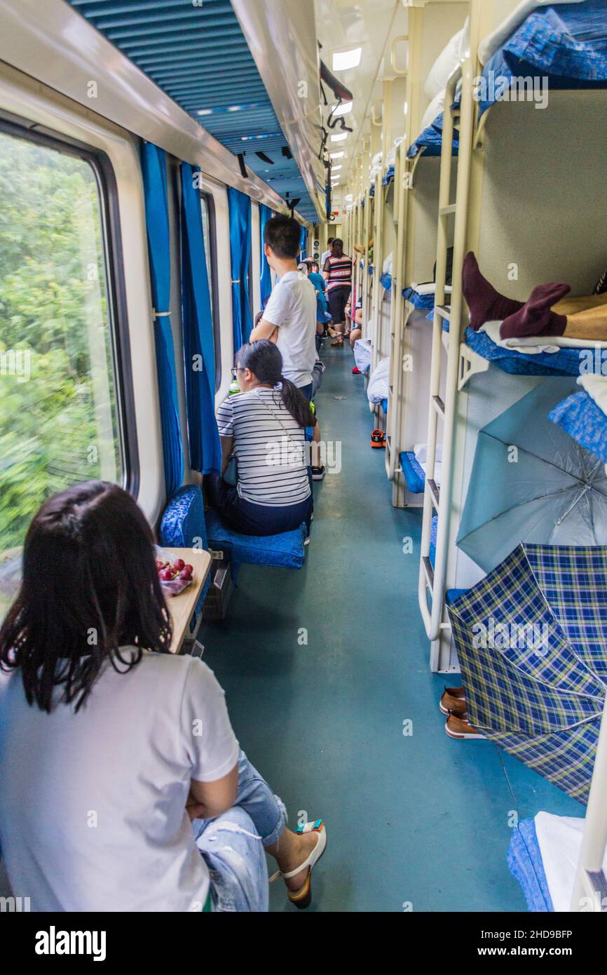 CHONGQING, CHINA - AUGUST 17, 2018: Interior of Hard sleeper train coach in China Stock Photo