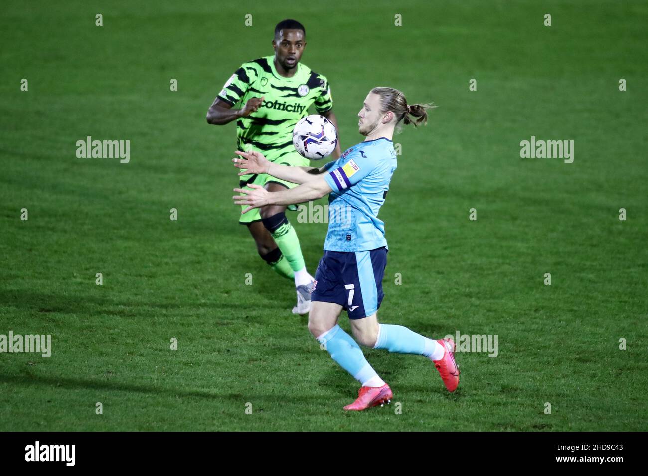 NAILSWORTH, GBR. JAN 4TH Matt Jay of Exeter City controls the ball with his chest during the Sky Bet League 2 match between Forest Green Rovers and Exeter City at The New Lawn, Nailsworth on Tuesday 4th January 2022. (Credit: Kieran Riley | MI News) Credit: MI News & Sport /Alamy Live News Stock Photo