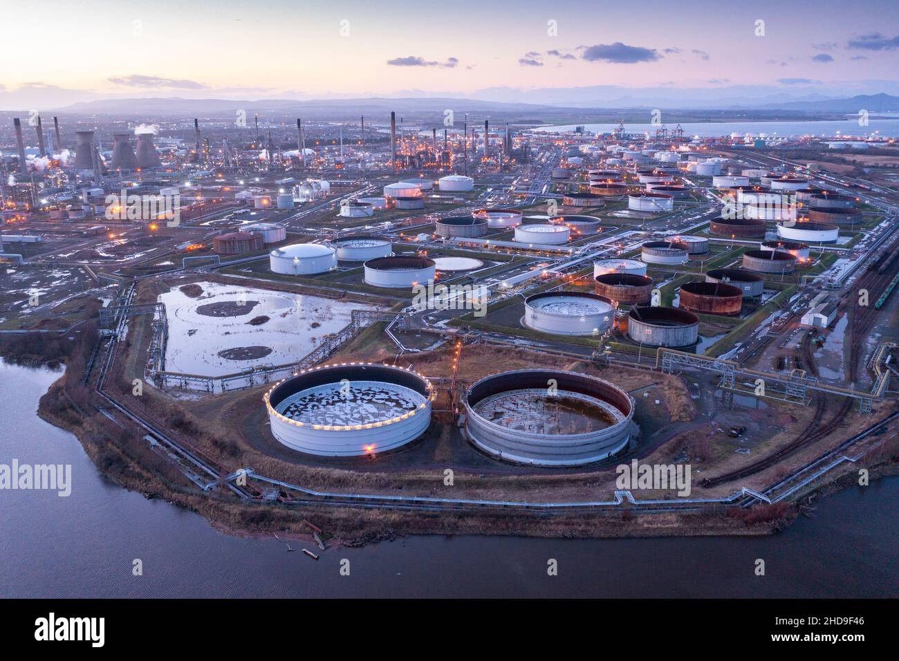 Aerial view of INEOS Grangemouth petrochemical plant and refinery in