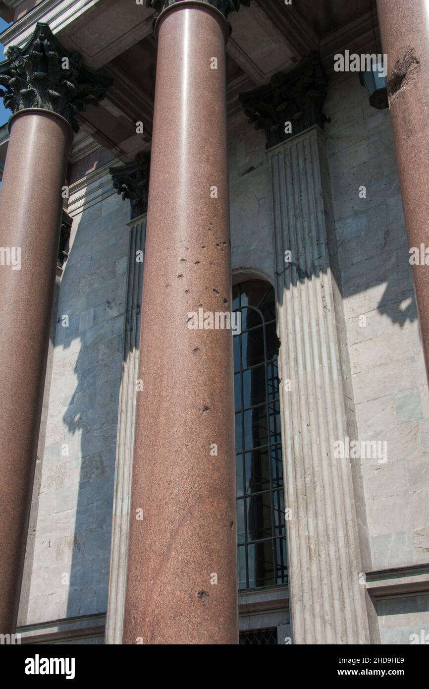 Purported bullet holes in the pillars of St Isaac's Cathedral, St Petersburg, Russia. Stock Photo