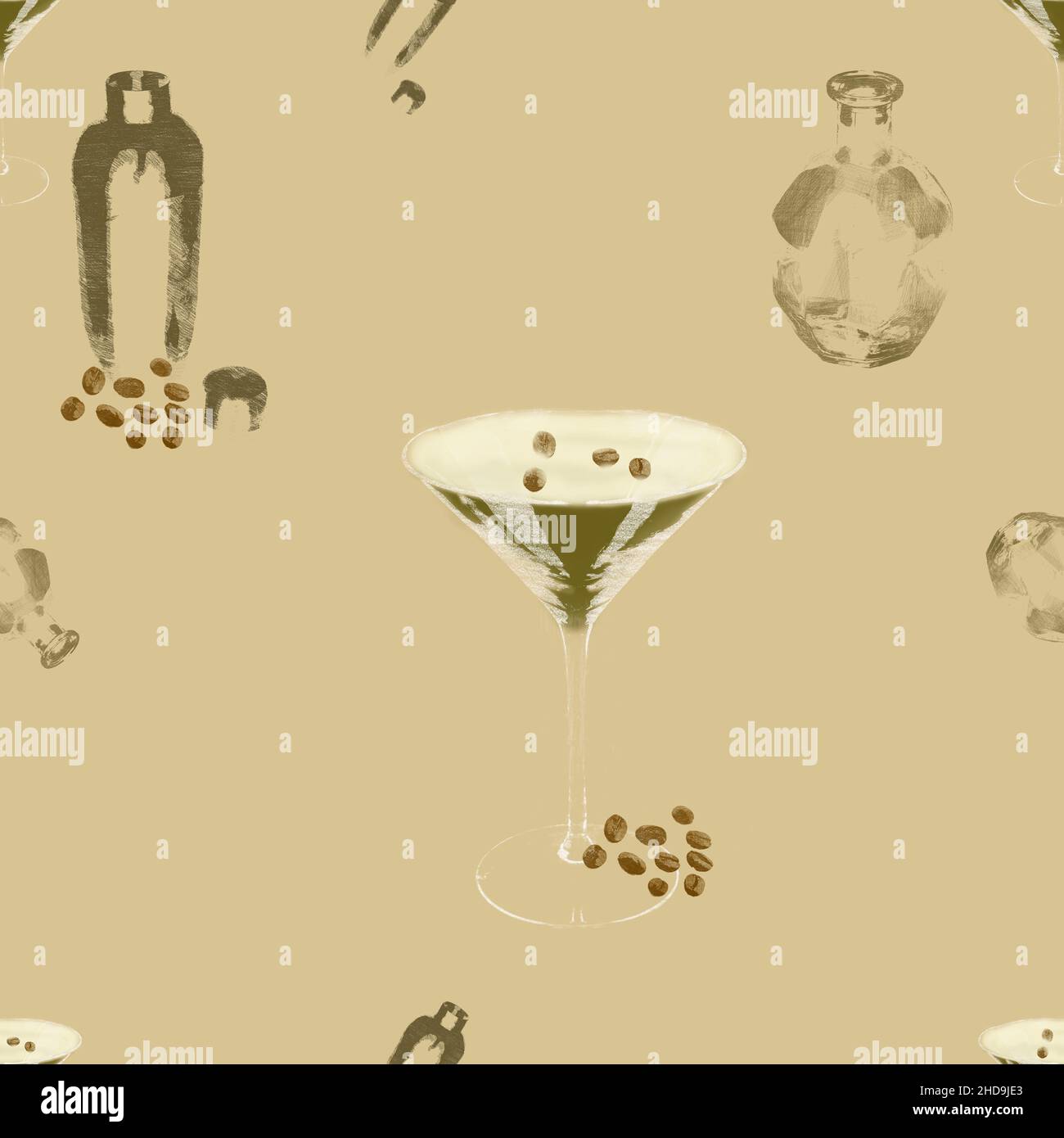 Cocktail Glass Repeat Pattern Illustrated repeating seamless pattern of espresso martini glass with ...