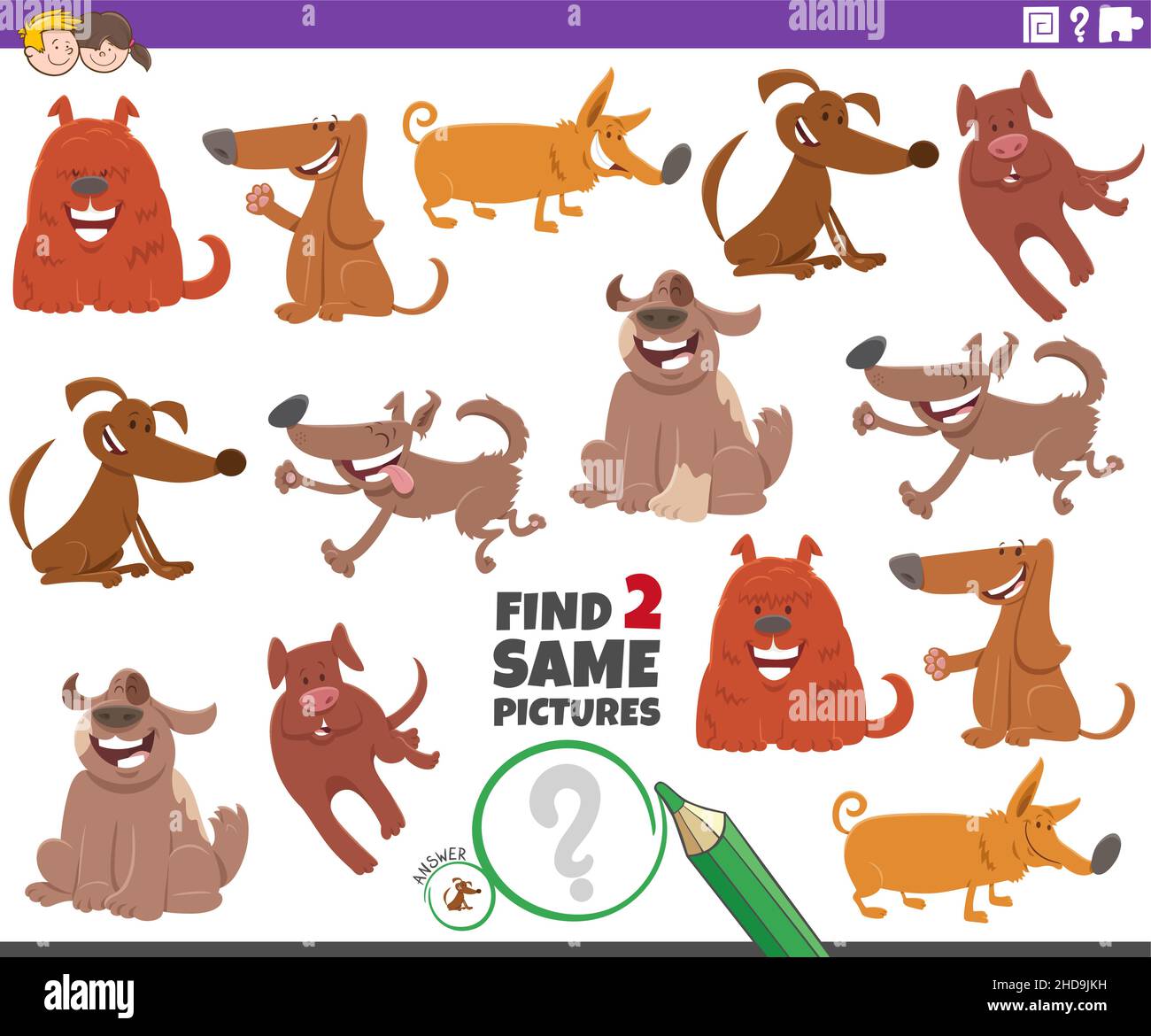 Cartoon illustration of finding two same pictures educational task with ...