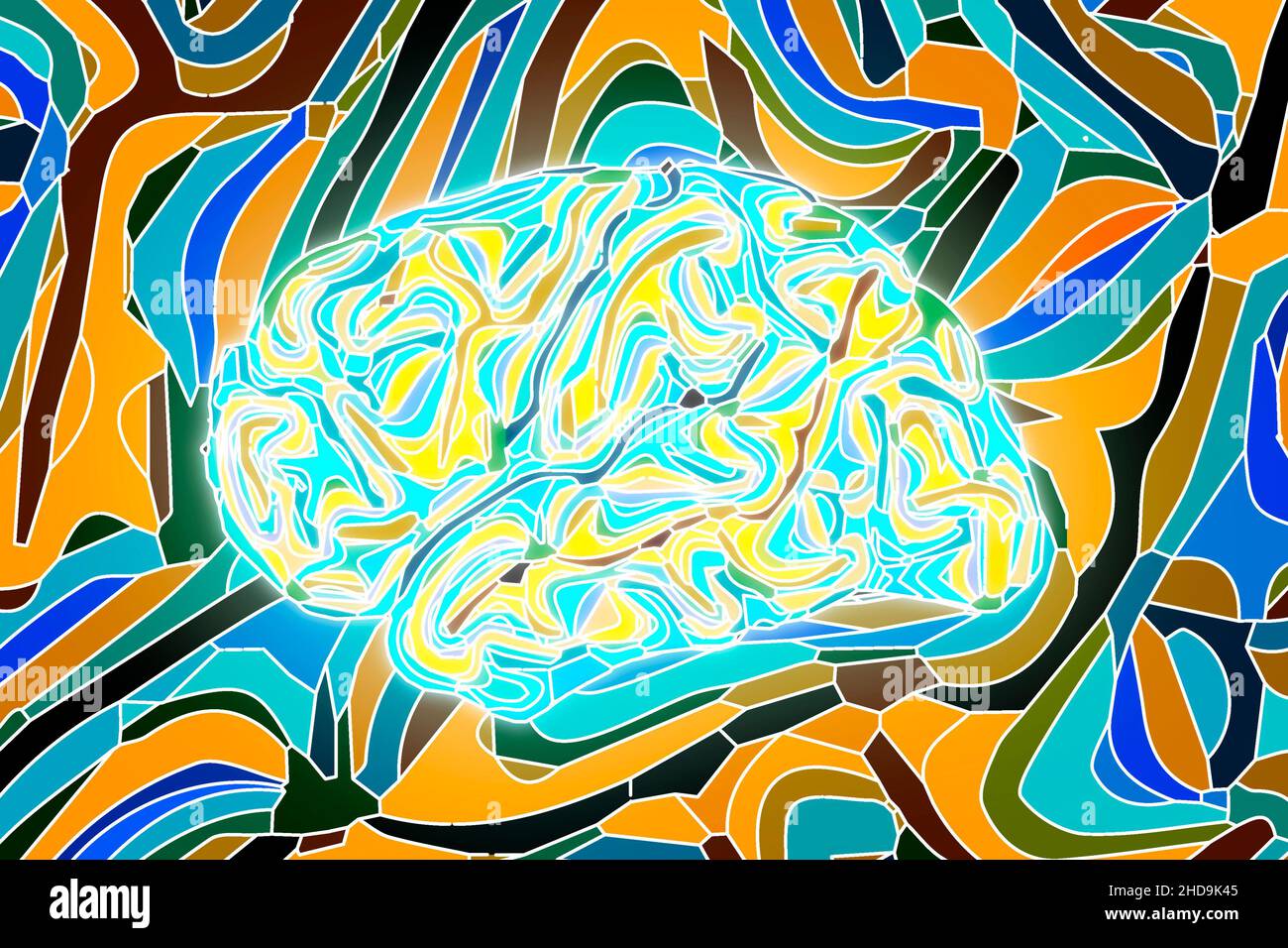 An illustration of a brain on a colorful segmented background Stock Photo