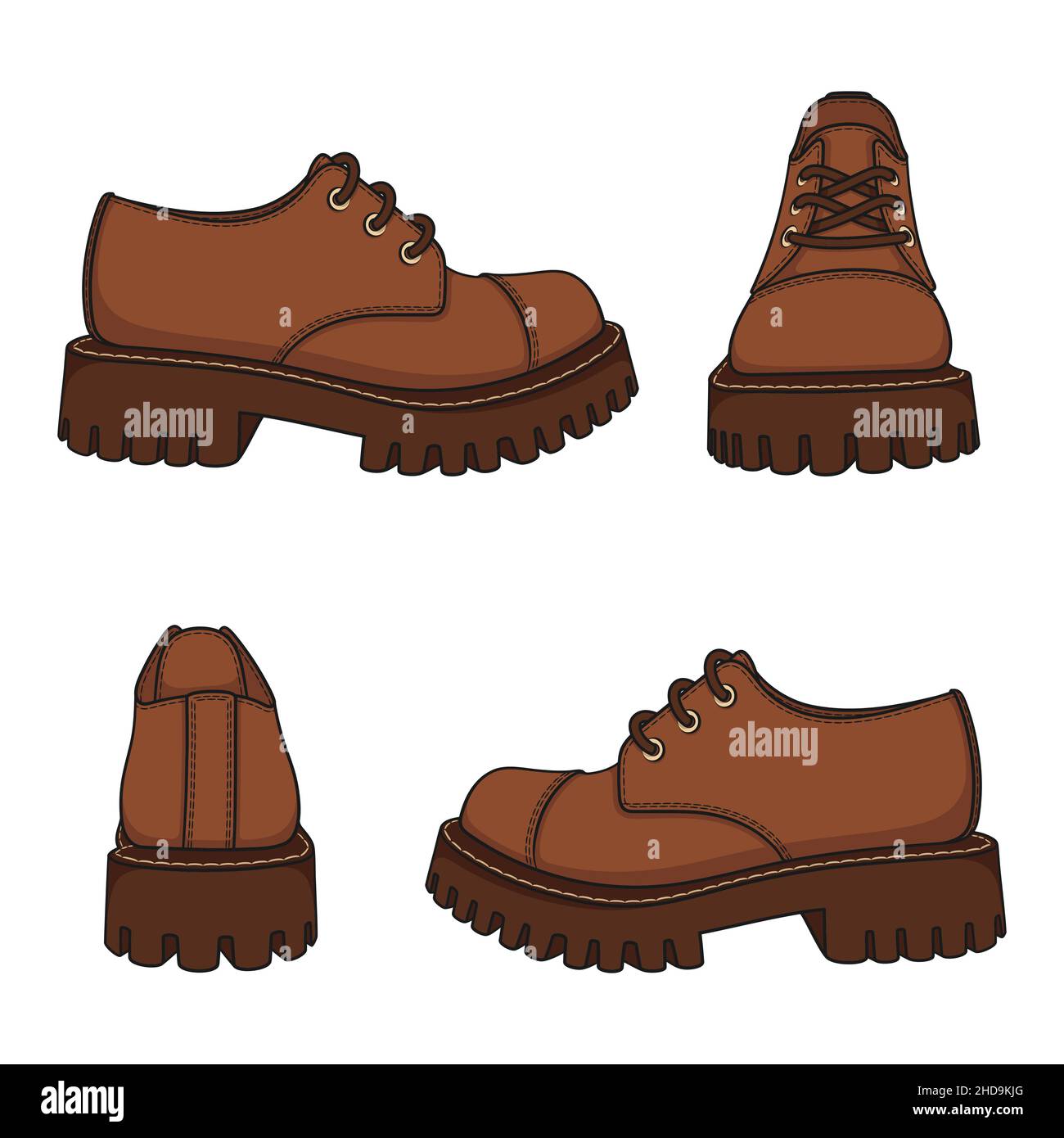 Set of color illustrations with brown shoes, boots. Isolated vector objects on white background. Stock Vector
