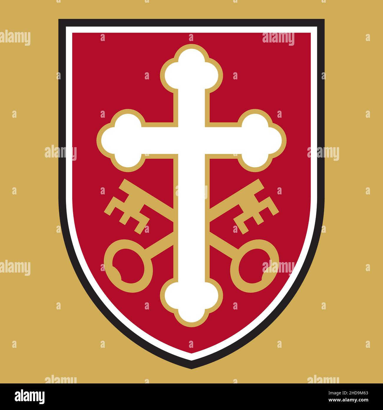 Christian cross badge or logo design with crossed keys. Vector illustration of ornate cross on shield design featuring the crossed keys of St. Peter. Stock Vector