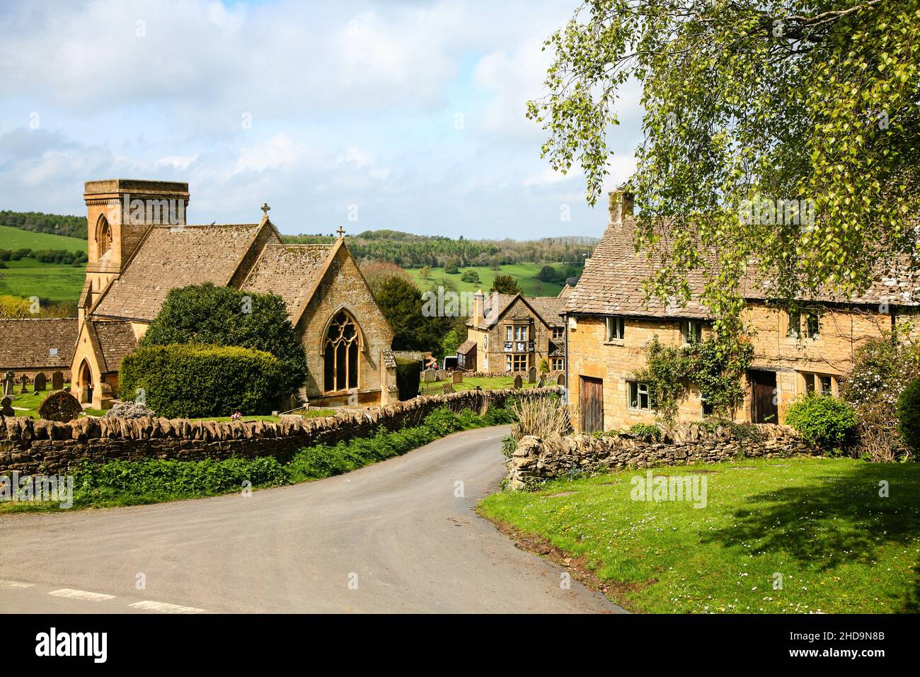 View of St Barnabas Church and the Picturesque Cotswold village of Snowshill. Snowshill, Gloucestershire, Cotswold's, England, April 24th 2014 Stock Photo