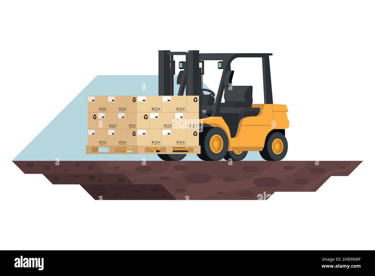 forklift loading a pallet with export boxes, 3d heavy machinery Stock Vector