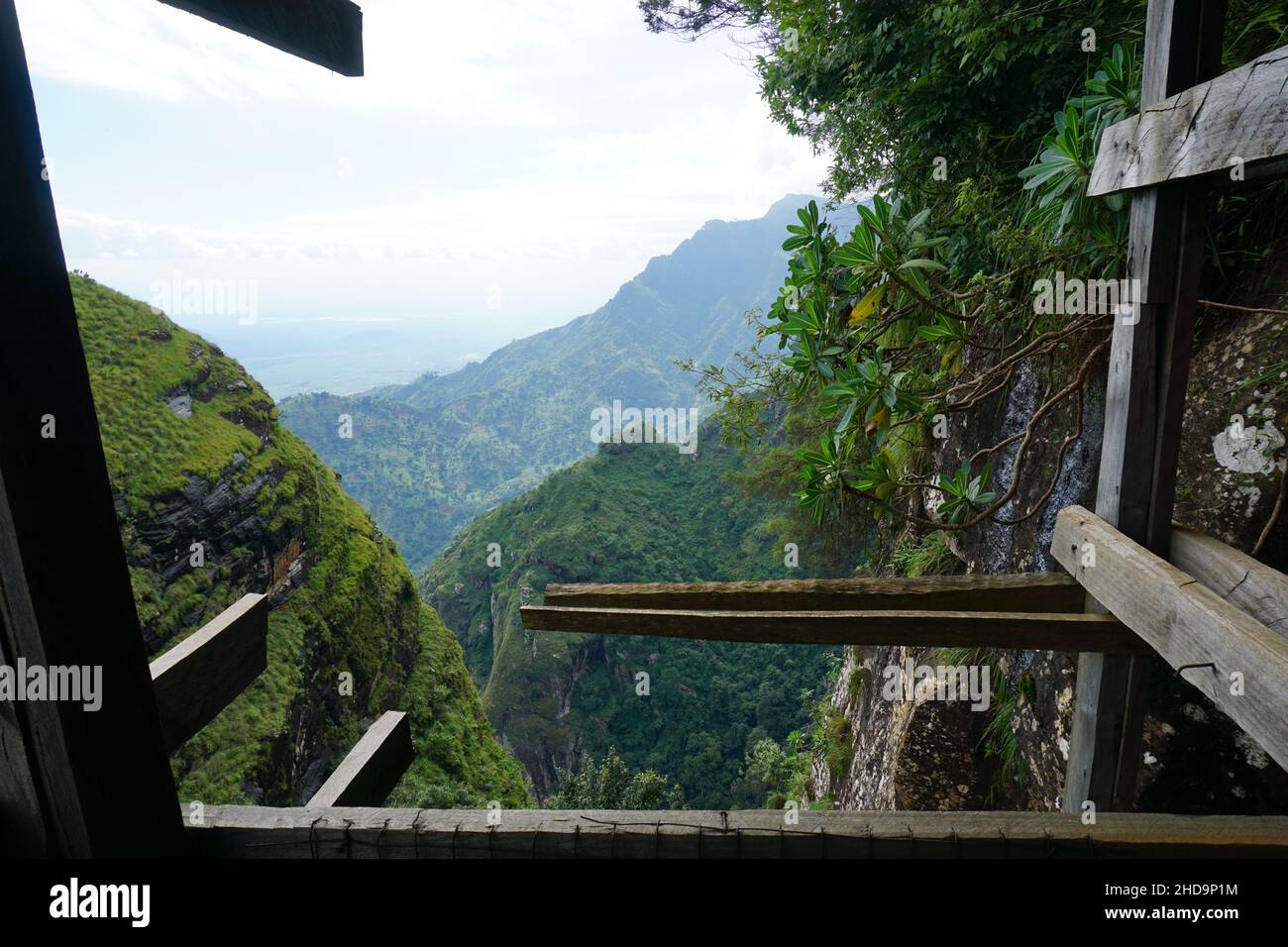 Shot out of the wooden staircase leading to a view point, Usambara Mountains near Lushoto, Tanzania 2021 Stock Photo