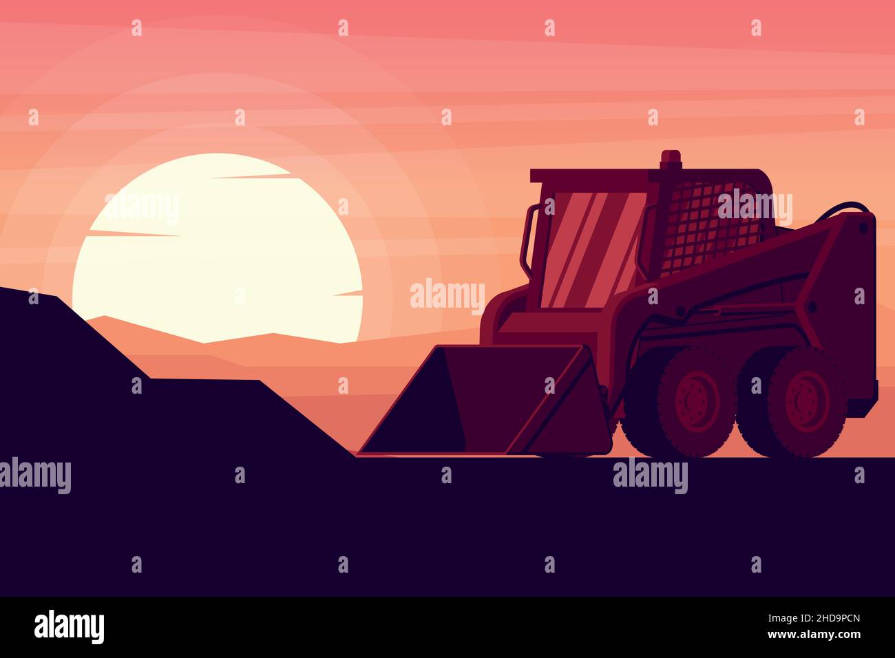 skid steer loader in a sunset with heavy construction and mining machinery Stock Vector