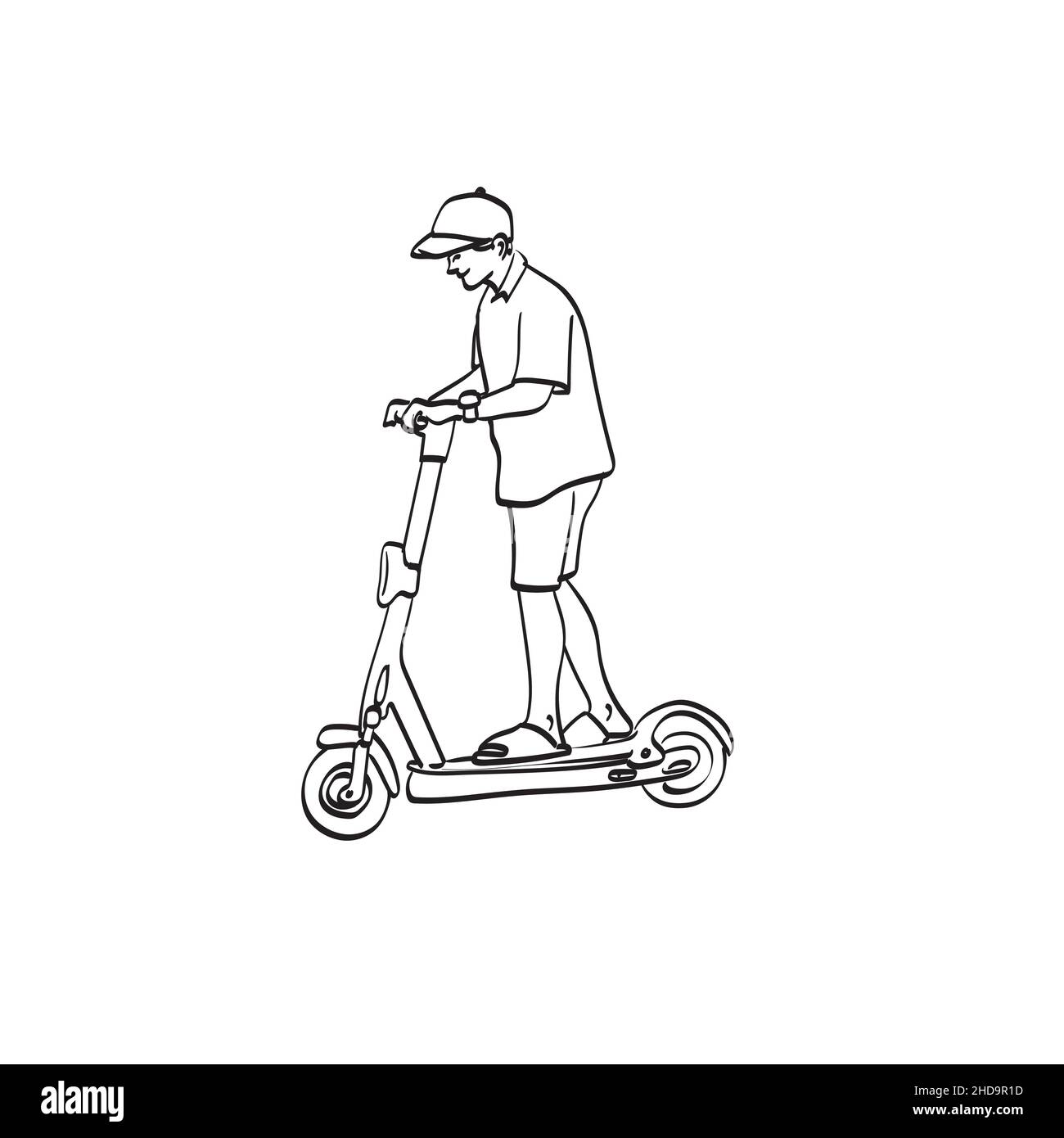 line art man with cap riding an e-scooter illustration vector hand drawn isolated on white background Stock Vector