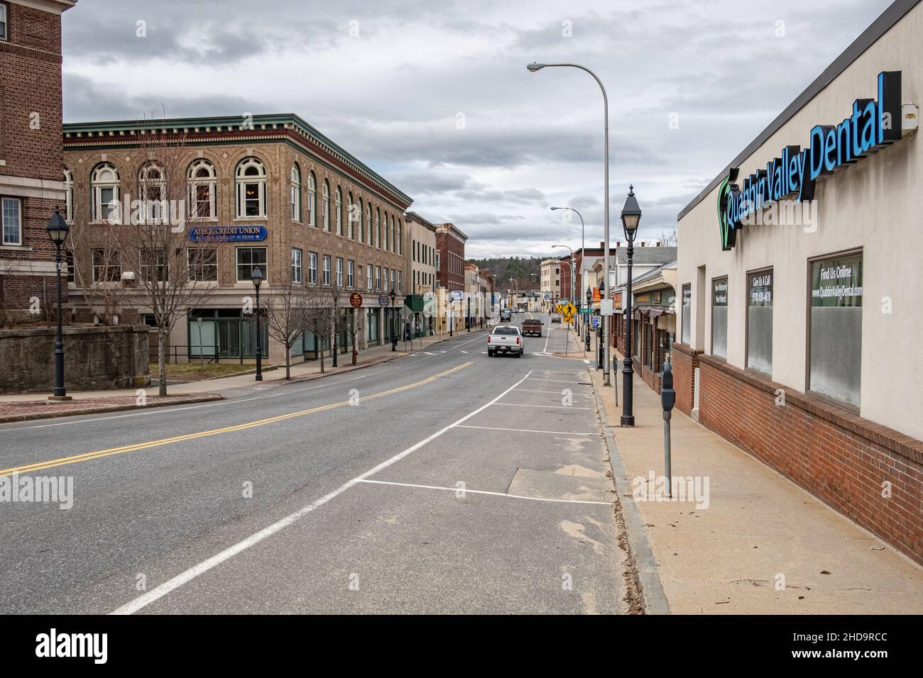 Empty Main Street in Athol, Massachusetts due to the COVID 19 pandemic in 2020 Stock Photo