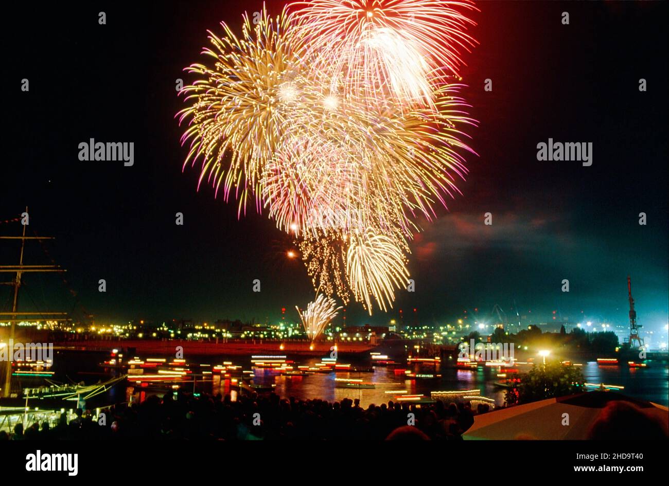 Fireworks over the Port of Hamburg on the occasion of the Port anniversity. Stock Photo