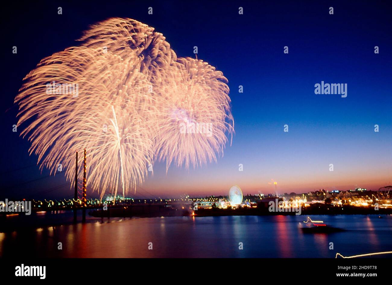 Fireworks over the River Rhine in Düsseldorf. Stock Photo
