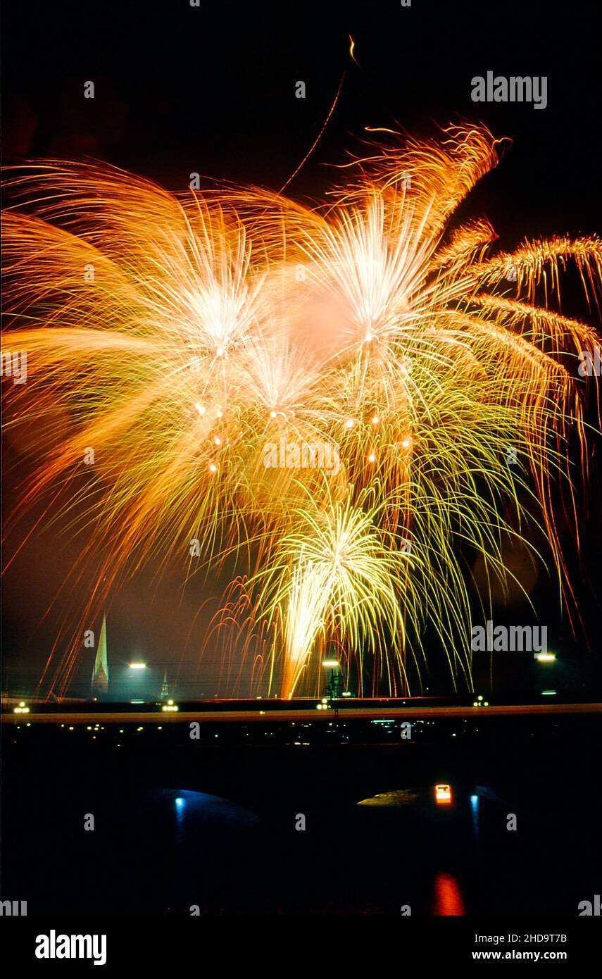 Fireworks over the Binnenalster in Hamburg on occasion of the Cherry Blossom Festival Stock Photo