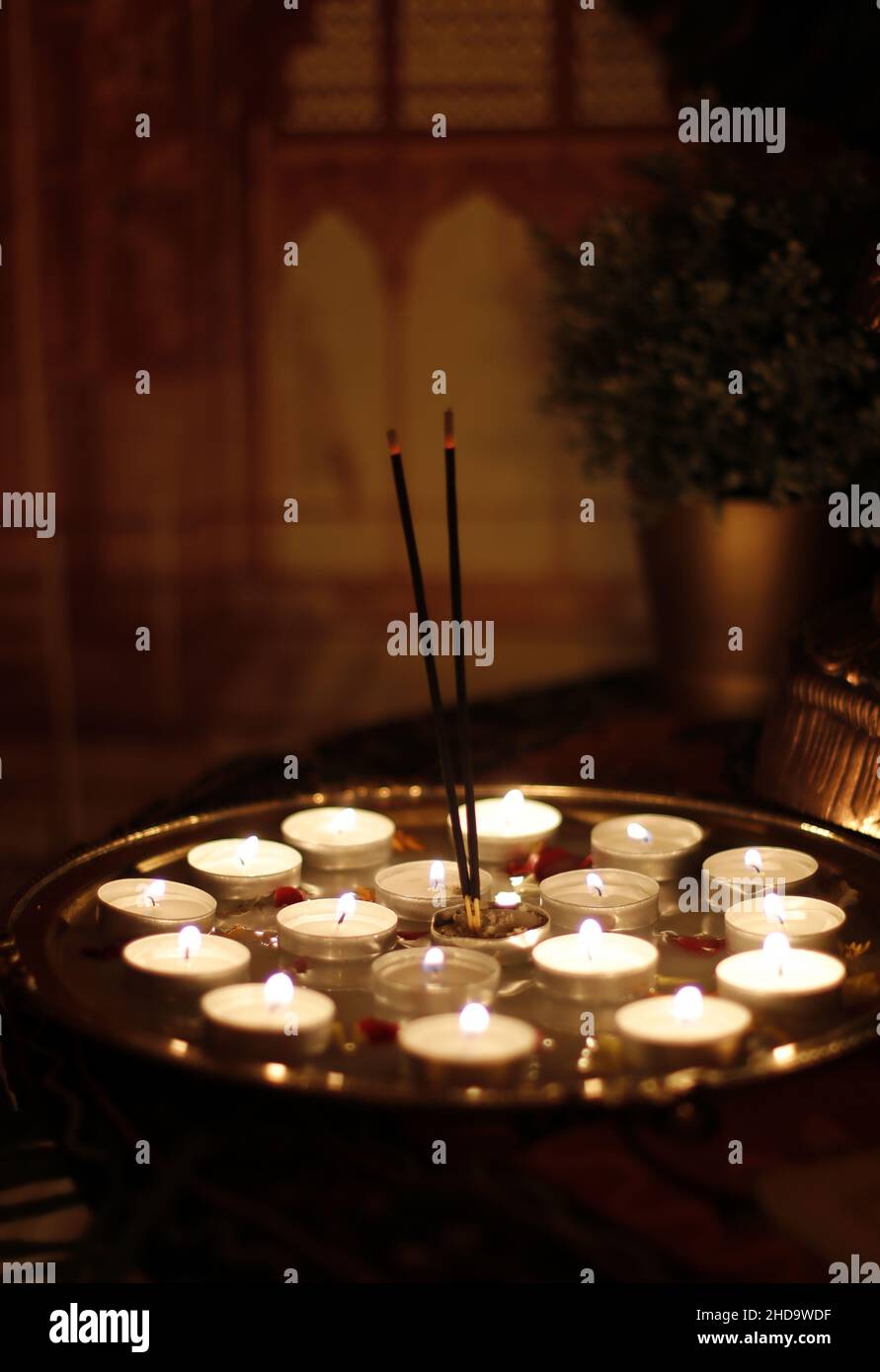 burning candles on diwali holiday Stock Photo
