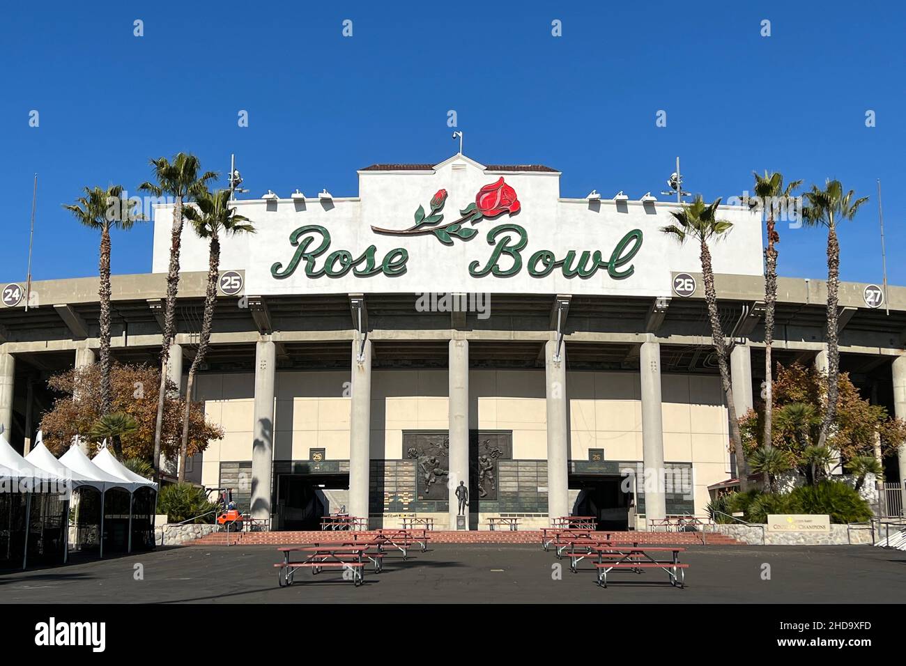 The Rose Bowl Stadium facade, Tuesday, Jan. 4, 2022, in Pasadena, Calif