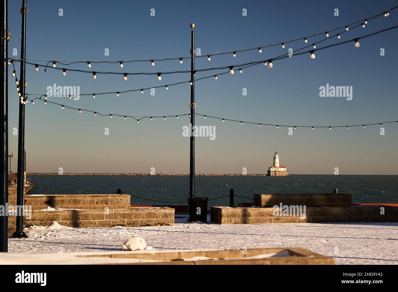 lookout to lighthouse and breakwater from Navy Pier in Chicago Stock Photo