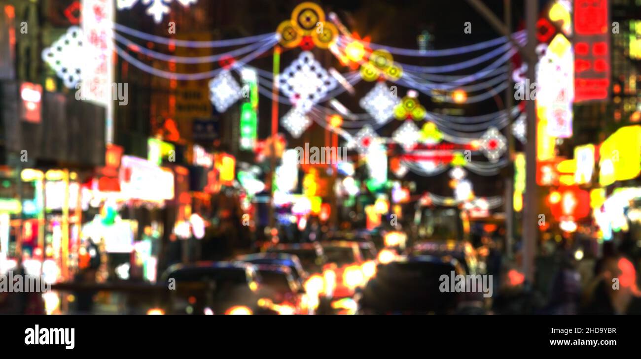 Blurred abstract lights of a busy New York City nighttime street scene ...