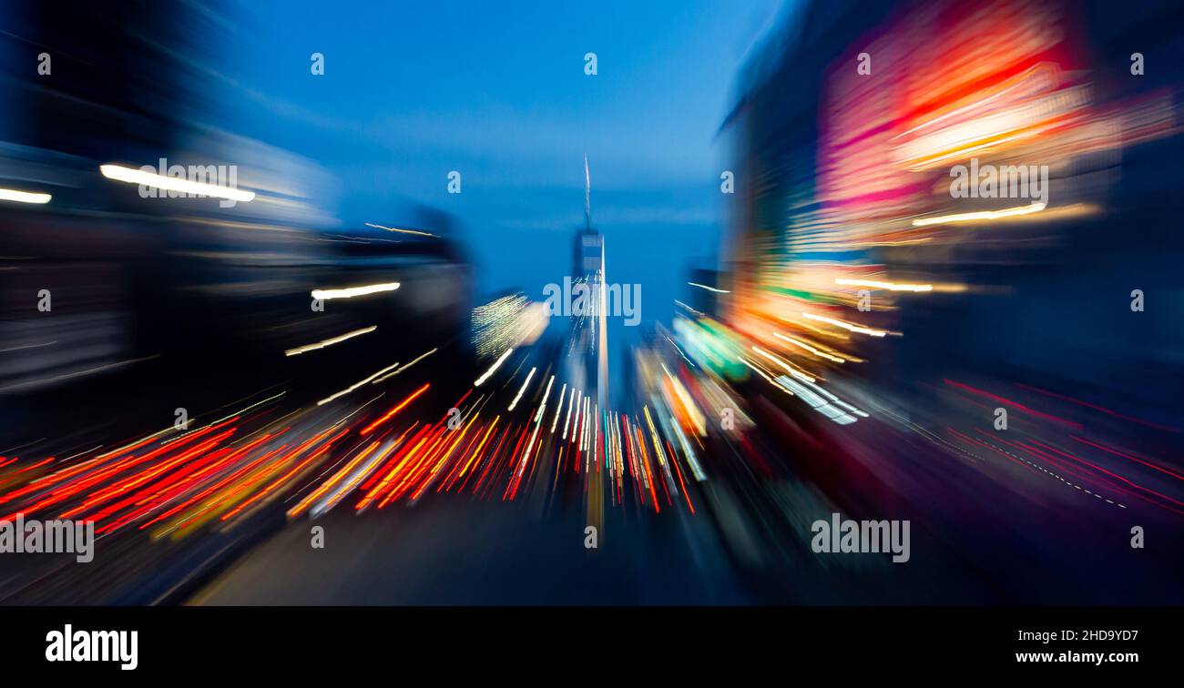 Abstract blurred lights of the New York City night skyline at Chelsea ...