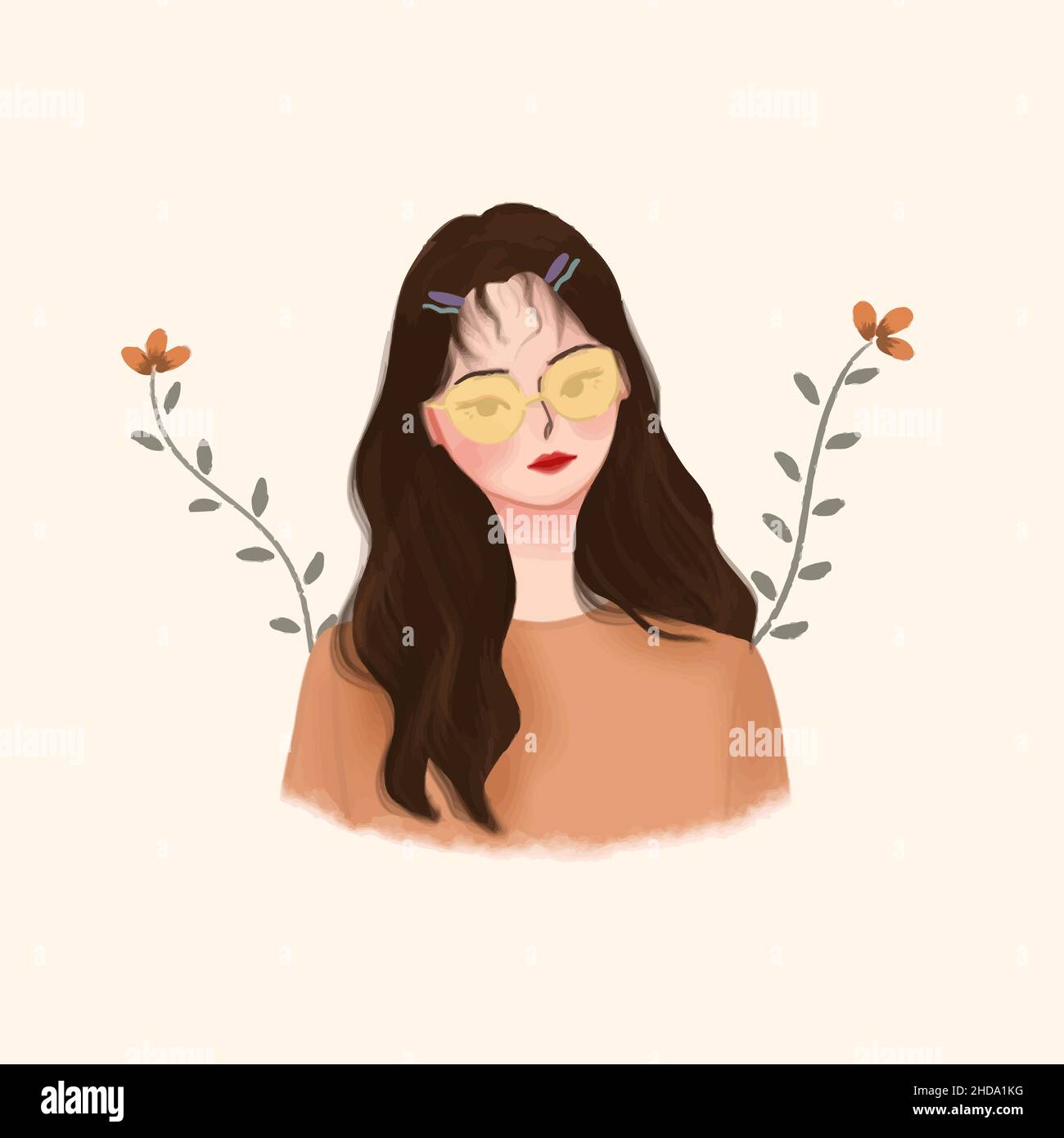 Beautiful Girl Hand Drawn Illustration Vector With Brown Fashion And Flower  Stock Vector Image & Art - Alamy
