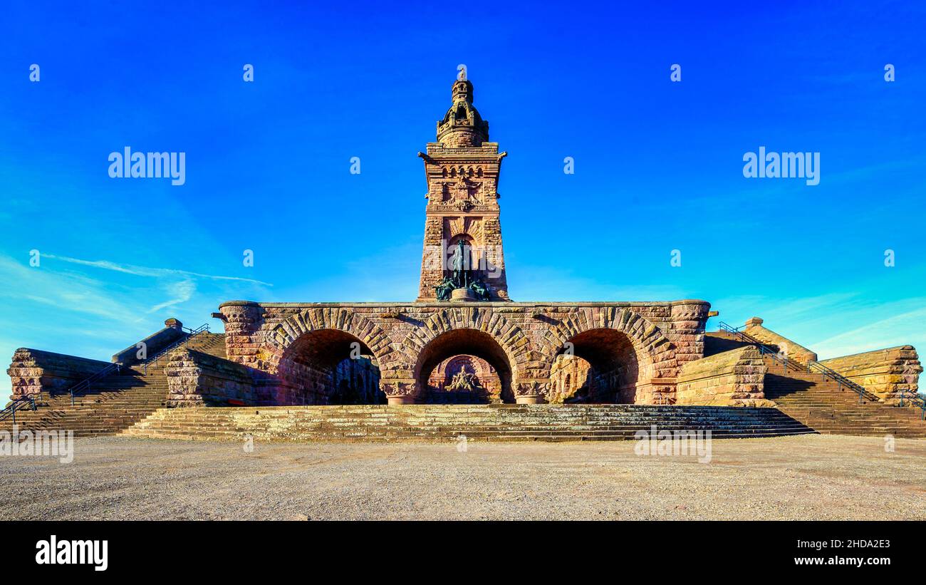 The Kyffhäuser Monument or also called Barbarossa Monument is a Kaiser Wilhelm monument in the Kyffhäuser Mountains on the site of the former Reichsbu Stock Photo