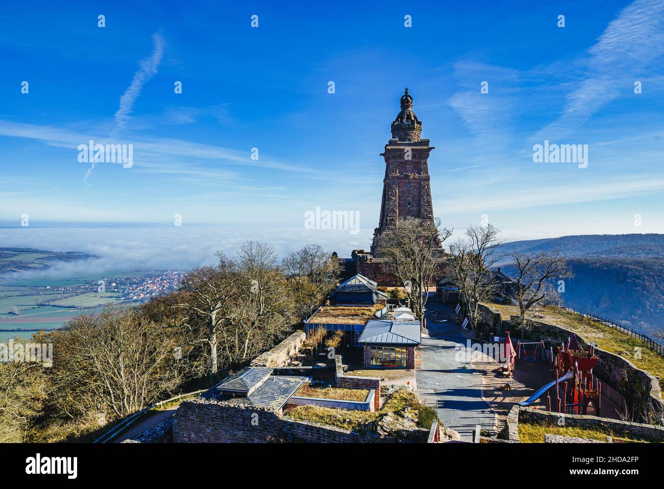 The Kyffhäuser Monument or also called Barbarossa Monument is a Kaiser Wilhelm monument in the Kyffhäuser Mountains on the site of the former Reichsbu Stock Photo