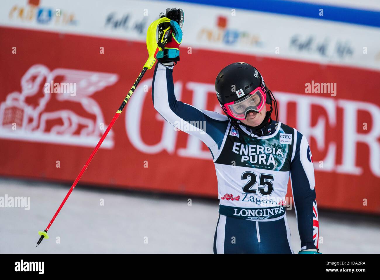 Zagreb, Croatia, 4th January 2022. Charlie Guest of Great Britain celebrates after the second race during the Audi Fis Ski World Cup Snow Queen Trophy - Women's Slalom in Zagreb. Januray 04, 2022. Credit: Nikola Krstic/Alamy Stock Photo