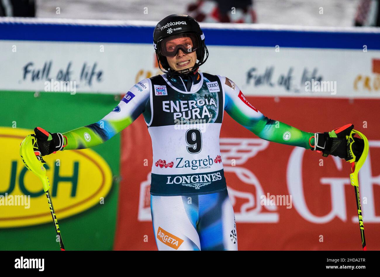 Zagreb, Croatia, 4th January 2022. Ana Bucik of Slovenia looks happy after the second race during the Audi Fis Ski World Cup Snow Queen Trophy - Women's Slalom in Zagreb. Januray 04, 2022. Credit: Nikola Krstic/Alamy Stock Photo