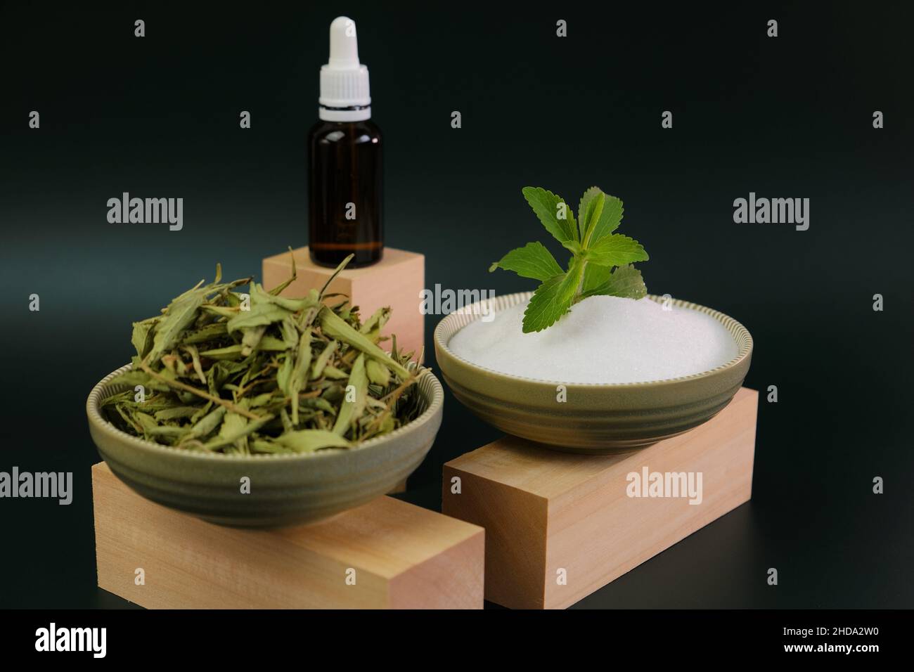 Dried stevia leaves, green branch and stevia liquid extract on a green