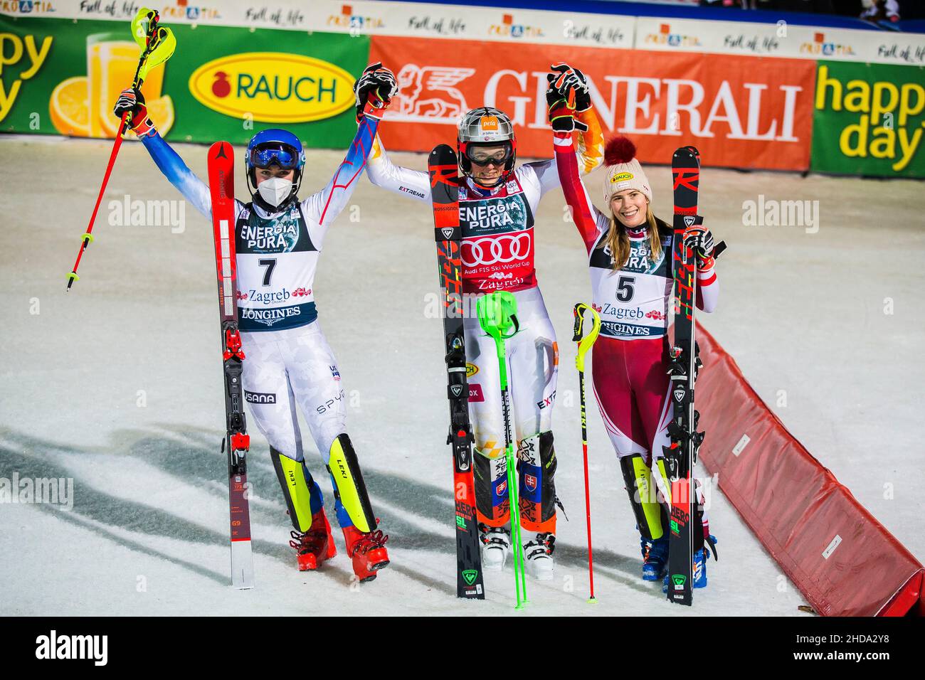 Zagreb, Croatia, 4th January 2022. Mikaela Shiffrin of USA, Petra Vlhova of Slovakia and Katharina Liensberger of Austria celebrate at the end of the race during the Audi Fis Ski World Cup Snow Queen Trophy - Women's Slalom in Zagreb. Januray 04, 2022. Credit: Nikola Krstic/Alamy Stock Photo