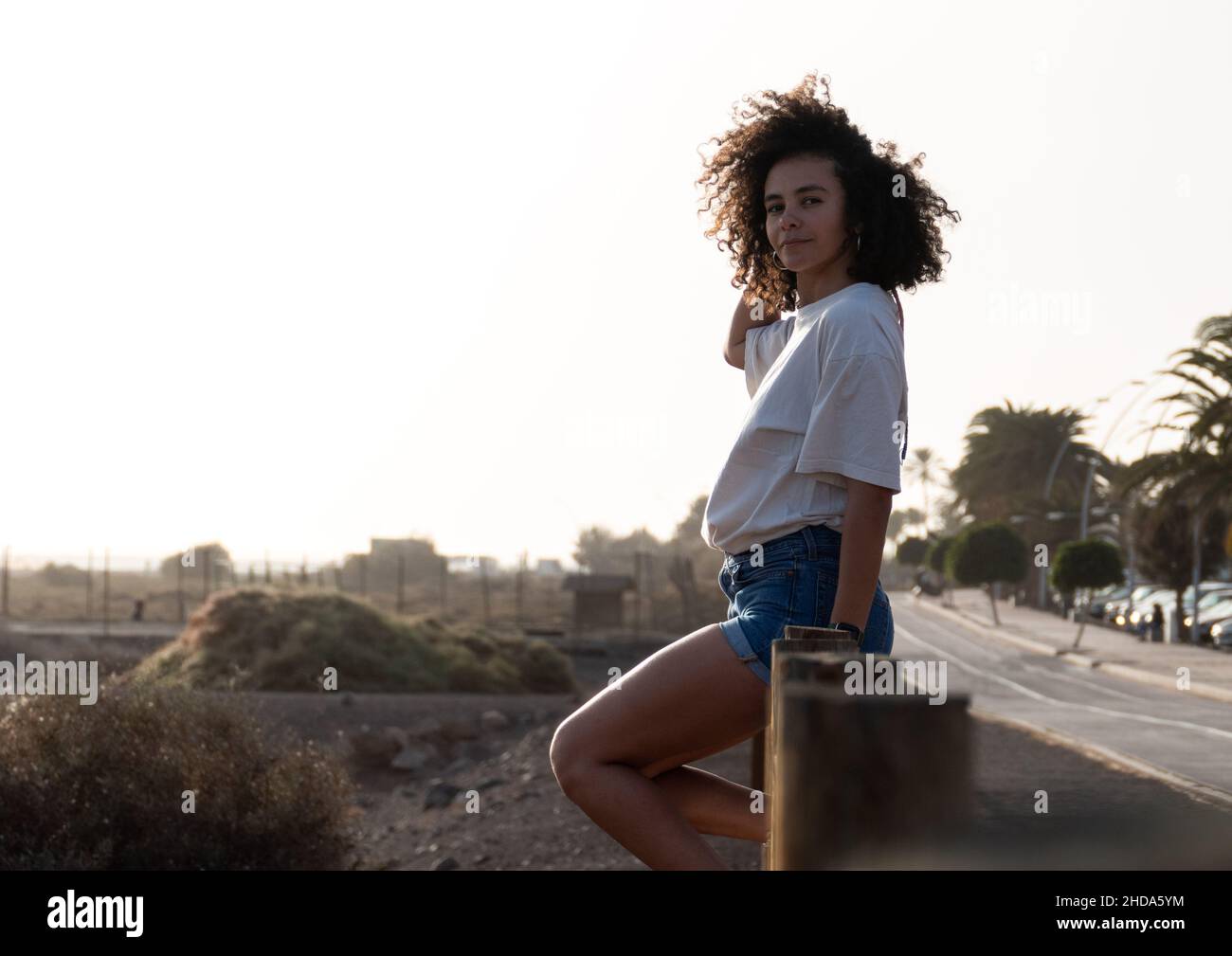 Young woman with afro hair sitting on a fence at golden hour looking at camera. She is wearing summer clothes. Stock Photo