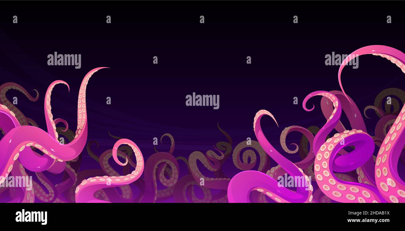 Tentacles of octopus, squid or kraken deep under water in sea. Vector cartoon illustration of ocean bottom with scary monster arms, purple and pink giant octopus tentacles with suckers Stock Vector