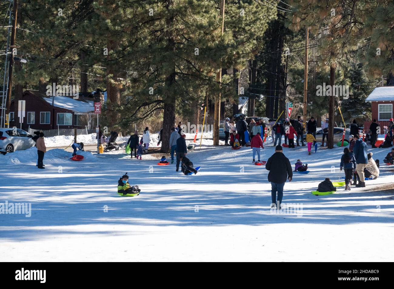 Kids snow tubing in the public park at Big Bear Lake, California, USA Stock Photo Alamy