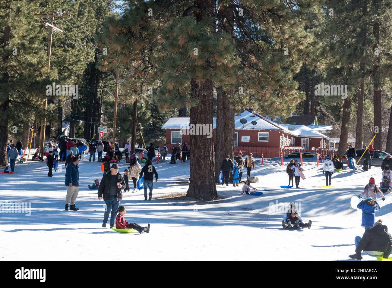 Kids snow tubing in the public park at Big Bear Lake, California, USA Stock Photo Alamy