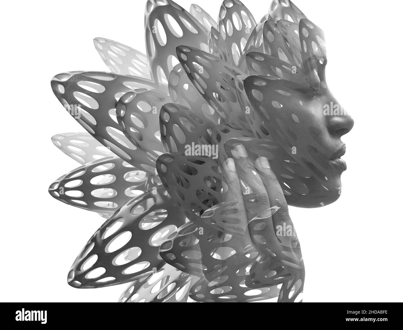 A portrait of an African American woman combined with abstract 3D figures. Stock Photo