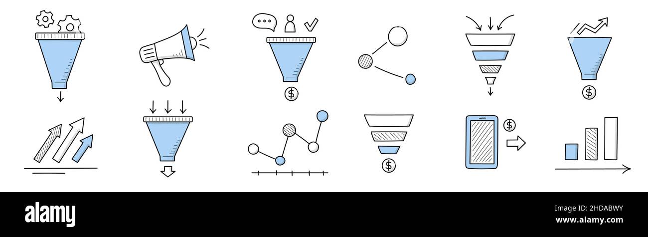 Sales funnel doodle icons, linear business signs loudspeaker ...