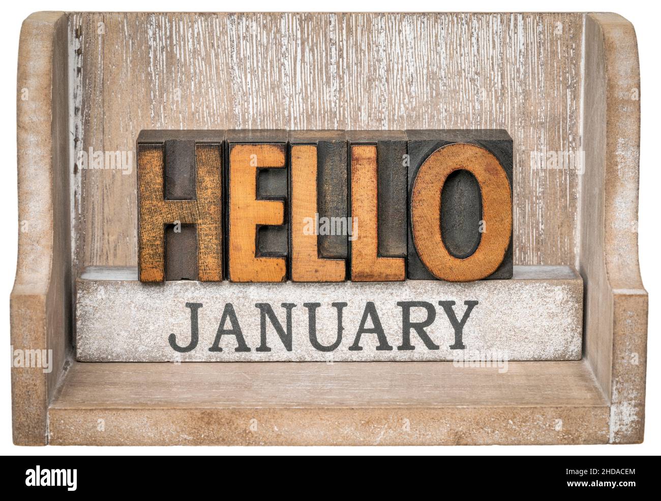 Hello January In Vintage Letterpress Wood Type Inside Grunge Wooden Box