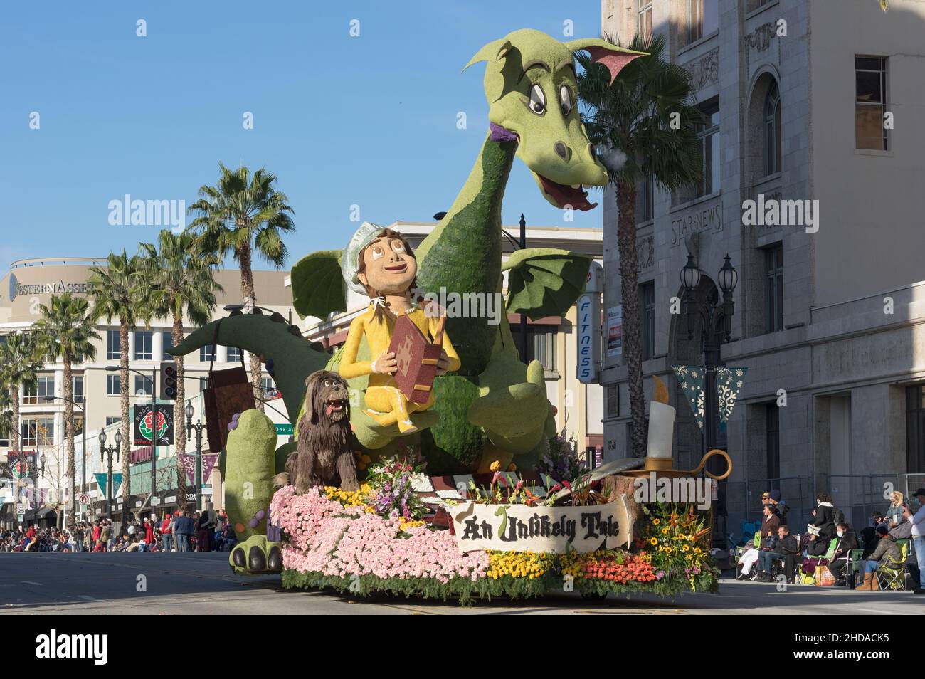 The City of Burbank, An Unlikely Tale, float shown during the 2022 Rose Parade in Pasadena. Stock Photo