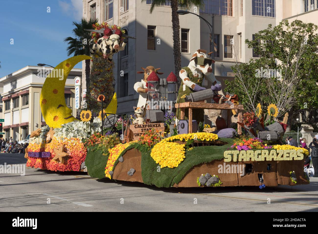 The California State University Stargazers float shown during the 2022 Rose Parade in Pasadena. Stock Photo