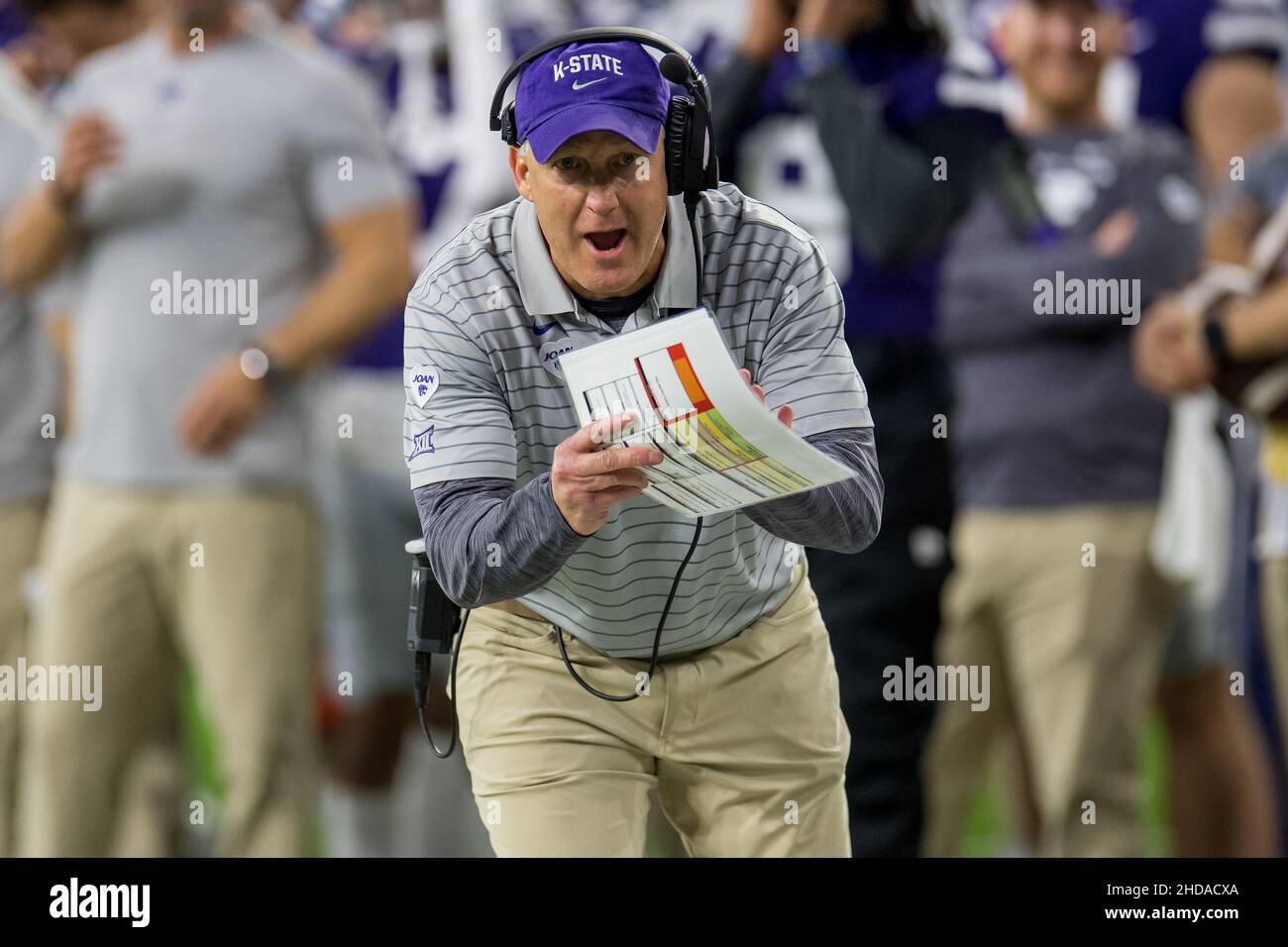 January 4, 2022: Kansas State Wildcats head coach Chris Klieman calls a  timeout during the 2nd quarter of the Texas Bowl NCAA football game between  the LSU Tigers and the Kansas State