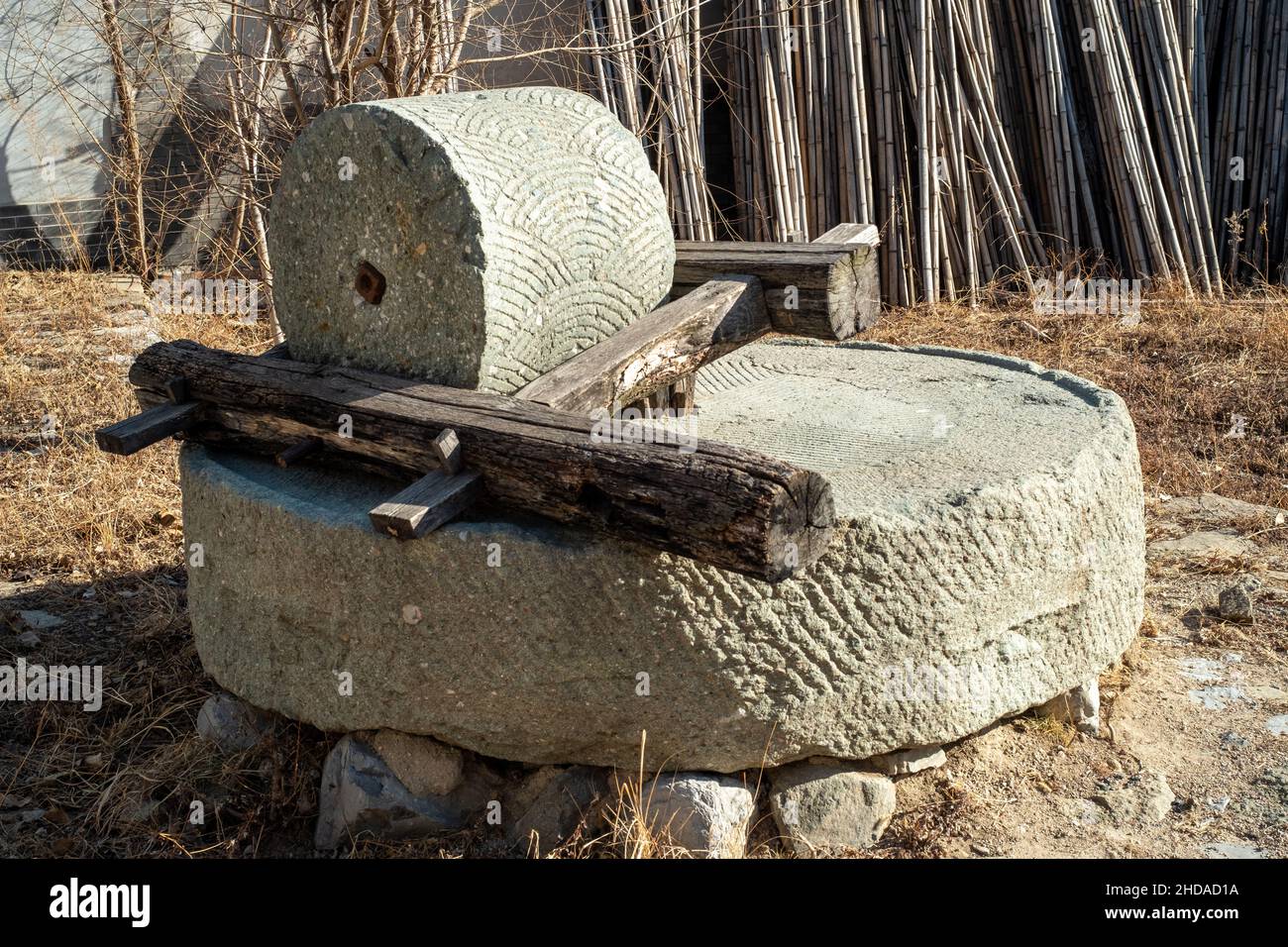 Ancient stone mill grinder in Zhaitang Town, Mentougu Distrct, Beijing, China. Stock Photo