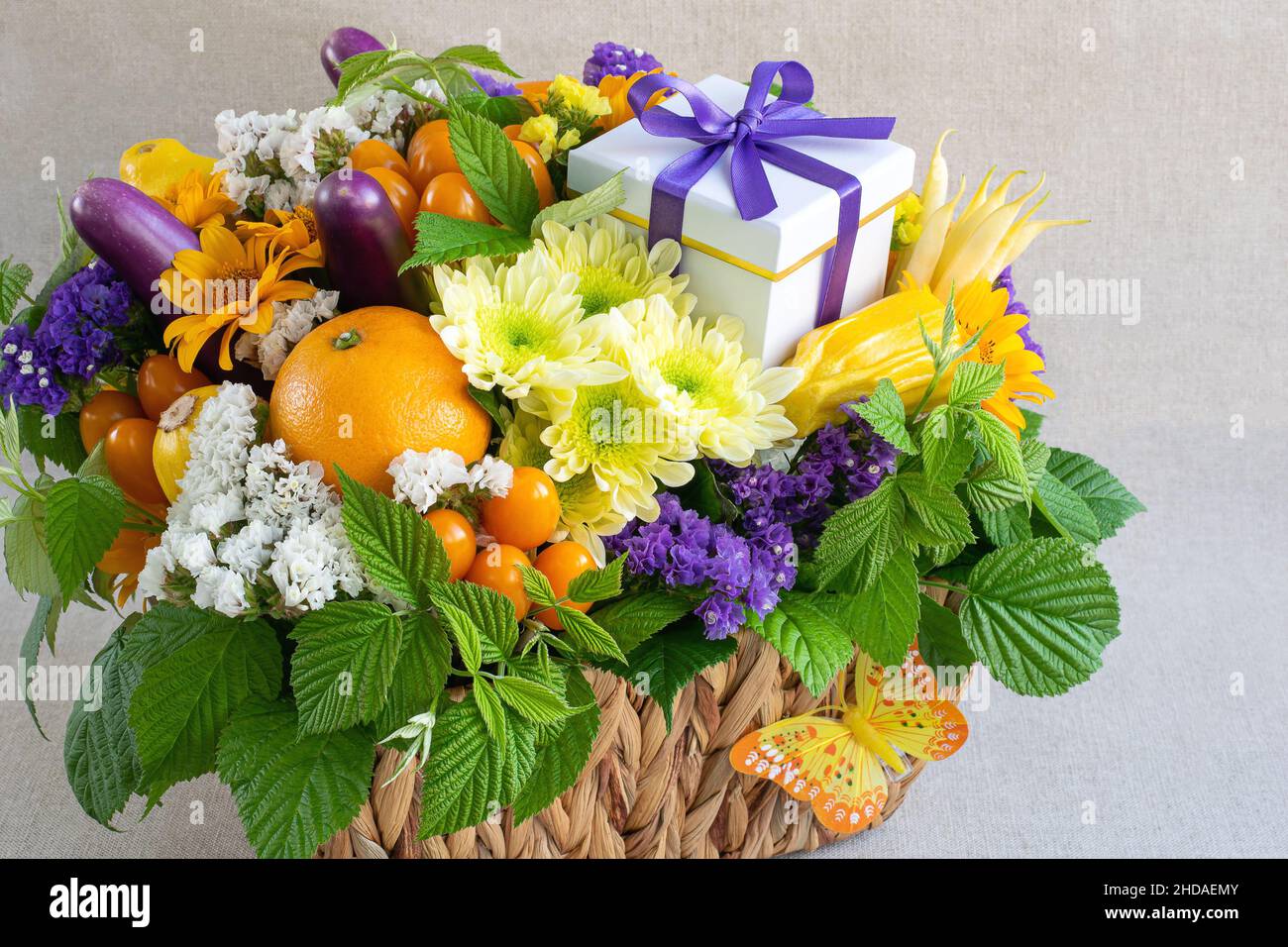 Colorful composition of vegetables and fruits on light background Stock Photo