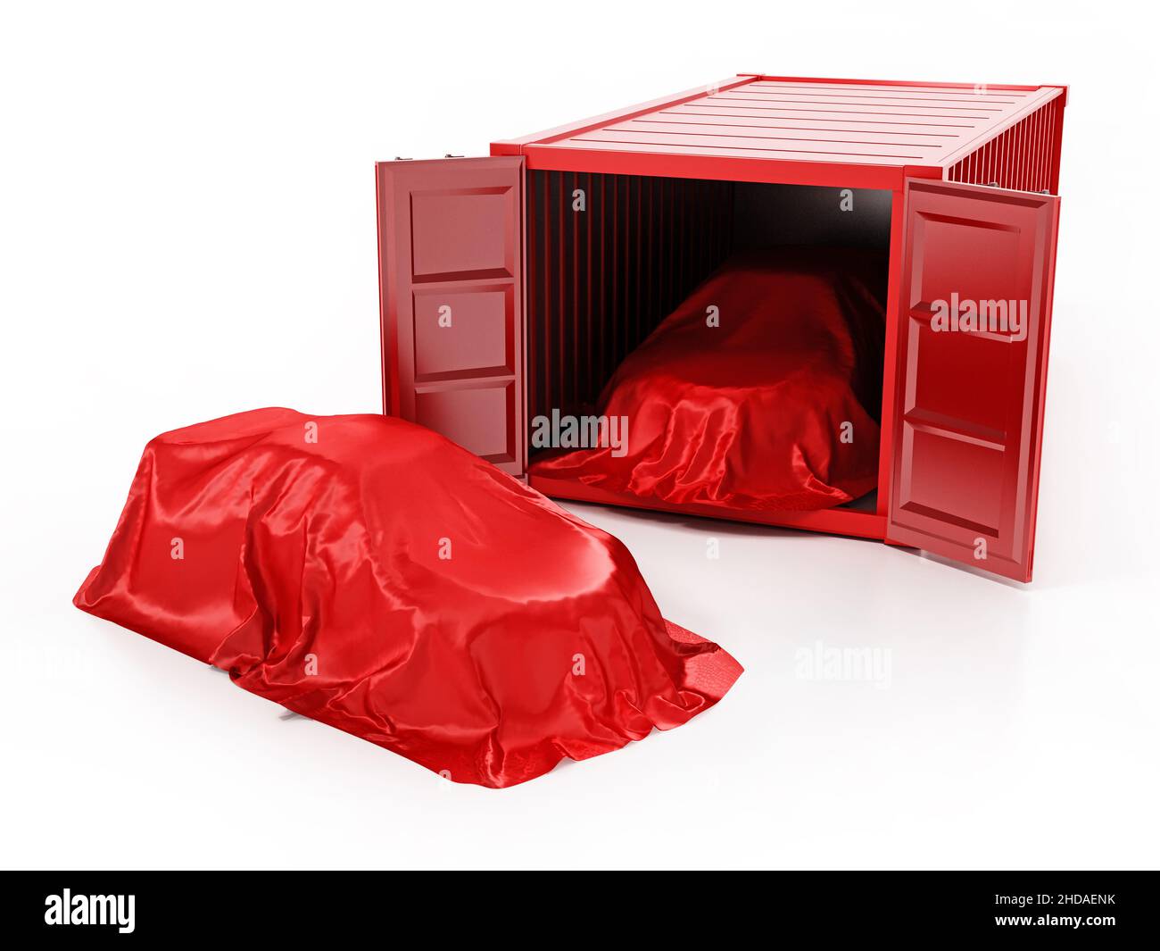 New unloaded cars covered with red clothes and shipping container isolated on white background. 3D illustration. Stock Photo