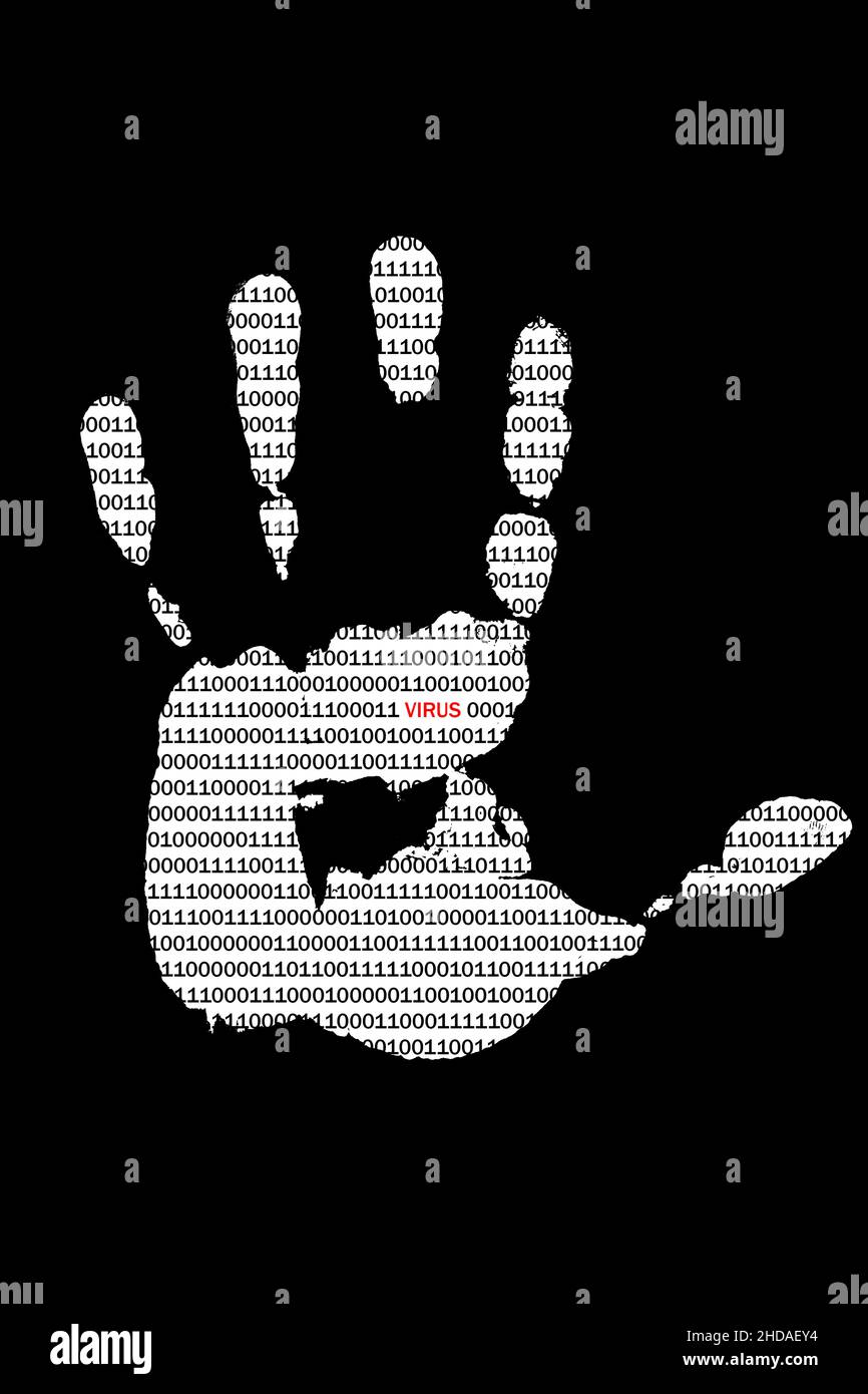 Palm print hand with binary code texture and red inscription virus Stock Photo