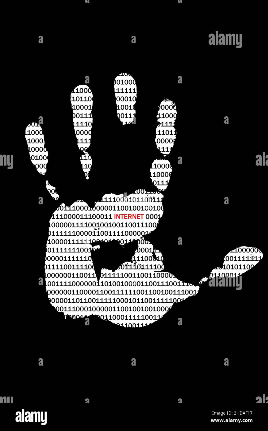 Palm print hand with binary code texture and red inscription Internet Stock Photo